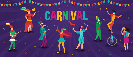 Fototapeta na wymiar Carnival banner with people in party costumes dancing and celebrating over a dark blue background with bright multicolored text, vector illustration