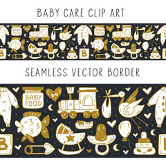 Baby care stuff, clothes, toys cartoon cute hand drawn doodle vector seamless border, pattern, texture, backdrop. Funny nursery design. Isolated on dark background. Kids decorative design elements. 