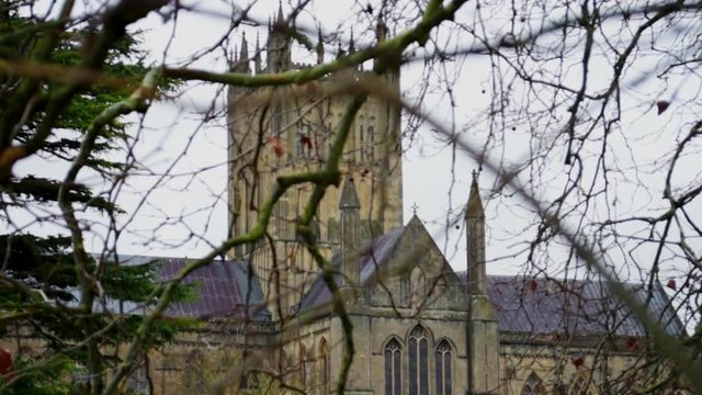 Smooth drifting shot, looking through tree branches towards impressive tower of Wells Cathedral, in England's smallest city