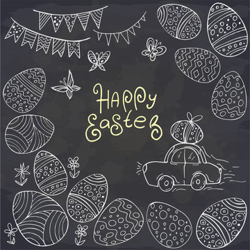 Hand drawn cartoon Easter car, Easter eggs and butterfly on chalkboard. Lettering Happy Easter. Vector coloring card. Spring holiday card.