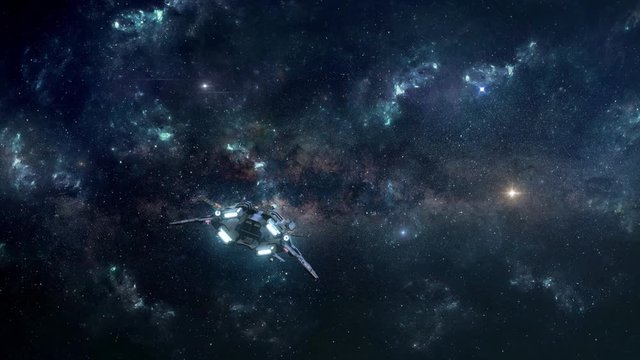 Small Spaceship Exploring the Depths of Space Through the Stars and Nebulae