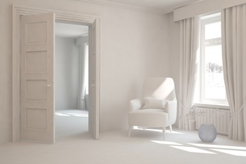 Mock up of stylish room in white color with armchair. Scandinavian interior design. 3D illustration