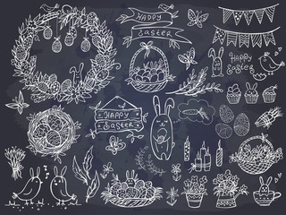 Set of doodle easter elemetns isolated on chalkboard. Basket with colored eggs, rabbit, carrots, tulips, cake, candle, chick. Vector illustration. Perfect for coloring book, greeting card, print.