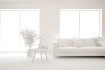 Mock up of stylish room in white color with sofa. Scandinavian interior design. 3D illustration