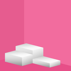 Rectangular boxes for demonstration, pink wall and floor, white podium stand, vector illustration