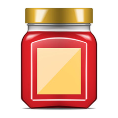 Filled square clear glass jar with blank label, realistic vector illustration. Beauty or food product pack