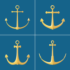 Set of gold flat anchors isolated on a blue background, silhouette marine equipment, travel and tourism concept, vector illustration