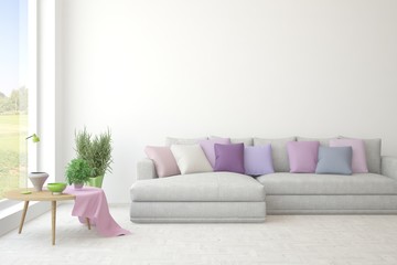 Stylish room in white color with sofa. Scandinavian interior design. 3D illustration