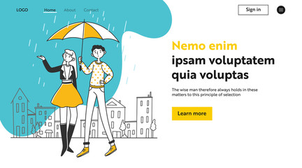 Couple walking in rain. Man and woman holding umbrella, parasol flat vector illustration. Weather, protection, climate concept for banner, website design or landing web page