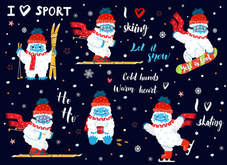 Cute snow yeti winter activities and sport with lettering calligraphy quotes vector set. Happy cartoon yeti with red winter hat and scarf skiing, skating, snowboarding, with coffee. Winter holidays