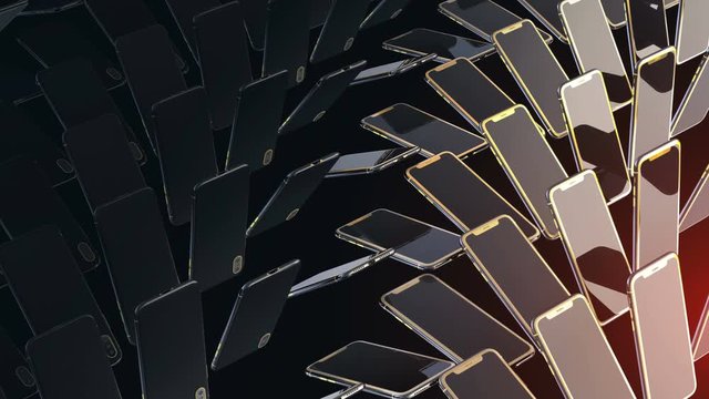 Smartphones with gold buttons move and rotate in rows. Infinite loop. Abstract wave movement of phones, background for sale discount. Expensive luxury background. Gold red black pattern. Screensaver.