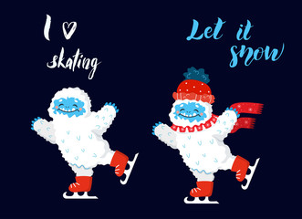 Cute snow yeti I love skating vector set. Happy cartoon yeti with red winter hat and scarf. Winter holidays and activities - obrazy, fototapety, plakaty