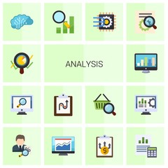 14 analysis flat icons set isolated on white background