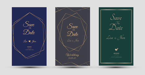 Wedding invitation cards. Template with gold geometric line. Vector illustration