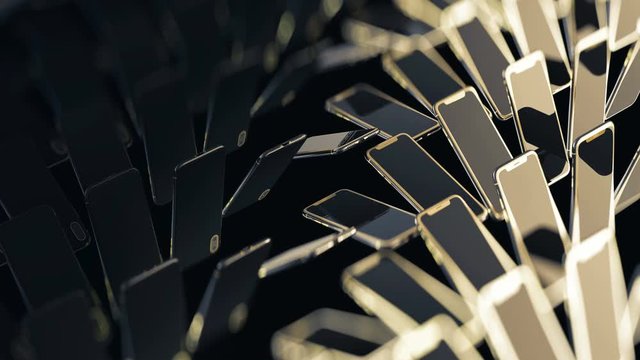 Smartphones with gold buttons move and rotate in rows, rich bokeh. Infinite loop. Abstract movement of phones, background image for sale discount. Expensive luxury background. Gold and black pattern.