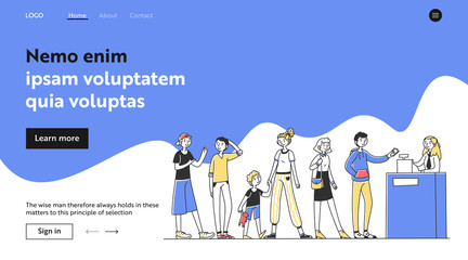 Line of people standing at checkout desk. Queue of customers, cash register, cashier flat vector illustration. Store, shop, payment concept for banner, website design or landing web page