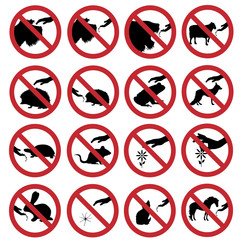 Vector silhouette collection of do not touch and feeding animals mark on white background. Symbol of prohibition.