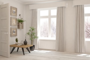 Mock up of empty room in white color with winter landscape in window. Scandinavian interior design. 3D illustration