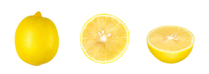 Whole and lemon slices isolated on a white background. Close up