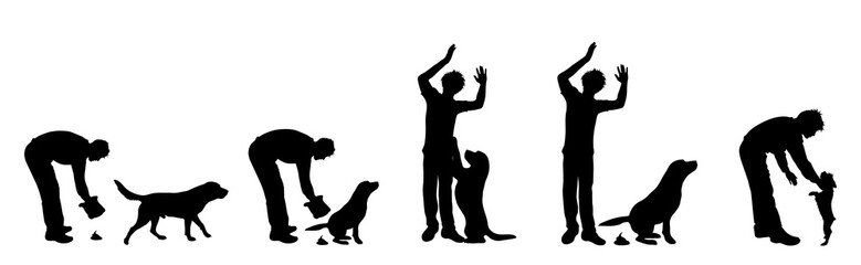 Vector silhouette of collection of man with dog on white background. Symbol of pets.