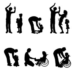 Vector silhouette of collection of family in different pose on white background. Symbol maternity and upbringing.