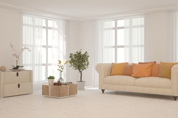 Stylish room in white color with sofa. Scandinavian interior design. 3D illustration