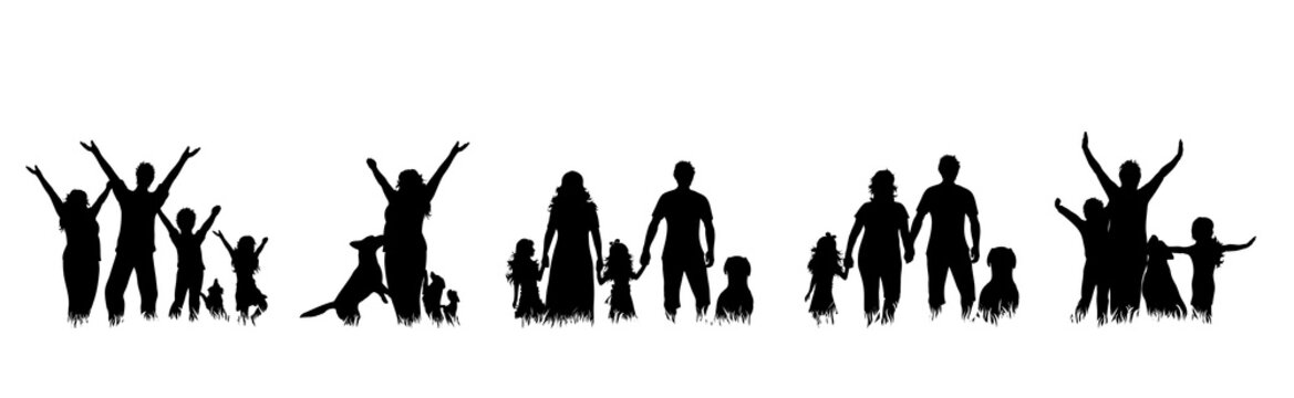 Vector silhouette of collection of family in different pose in the grass on white background. Symbol maternity and upbringing.