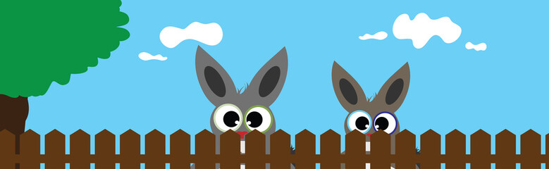 Vector illustration of rabbit´s face behind the fence. Symbol of curious and farm.