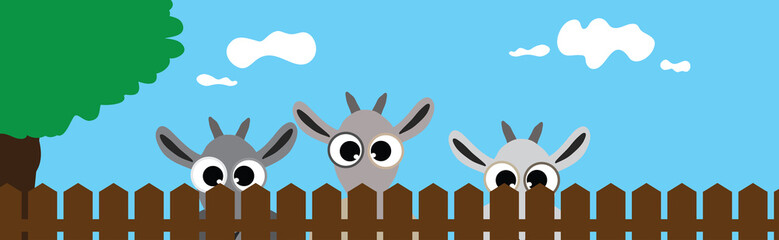 Vector illustration of goat´s face behind the fence. Symbol of curious and farm.