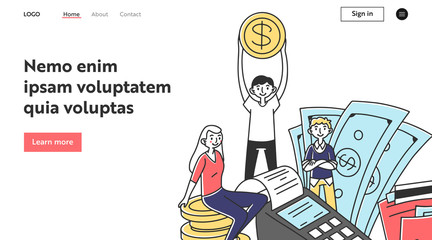 Customers getting cash back for purchases. Money, receipt, POS terminal flat vector illustration. Payment, transaction, finance concept for banner, website design or landing web page