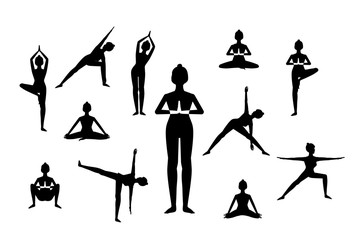 Fototapeta na wymiar set of black silhouettes of woman in different yoga poses, flat style vector illustration
