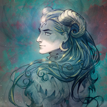 Digital original illustration of a zodiac character, aries, as a fantasy style portrait of a handsome man wearing decorated horns