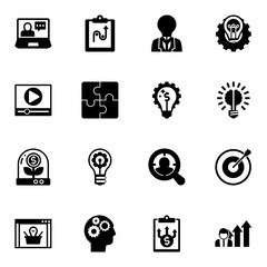 16 solution filled icons set isolated on white background. Icons set with eCommerce solutions, tactics, creativity, Video marketing, Puzzle, Marketing solutions, Business incubator icons.