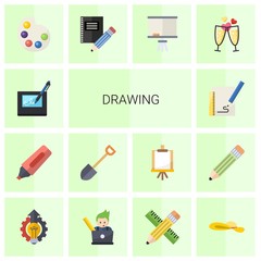 14 drawing flat icons set isolated on white background. Icons set with electronic signature, Marker, Shovel, Sketching, Artists palette, Stationery, Board stand, champagne icons.