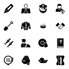 16 black filled icons set isolated on white background. Icons set with Marker, Binder clip, pirate, Shovel, jacket, Soup, sardine, chefs dish, lawyer, Partnership, embroidery icons.