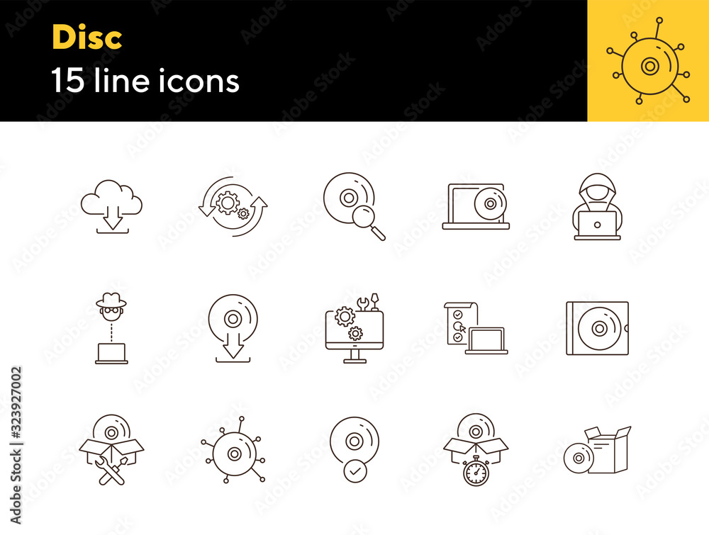 Poster disc icons. set of line icons. cd scan, box for cd, setting cd. software product concept. vector ill