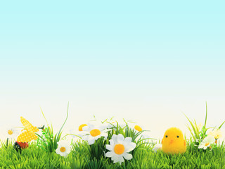 Easter background, cheerful flowers, Easter green and blue with yellow, Concept, screen, postcard, wallpaper, fresh and cheerful, frame, space for text, hidden eggs, Easter bunny and Easter chick