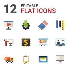 12 education flat icons set isolated on white background. Icons set with video Presentation, Online tutorial, Eraser, coach, Blended Learning, Drawing tools, Webinar, Easel icons.