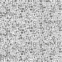 A pattern of letters. Letters of different sizes