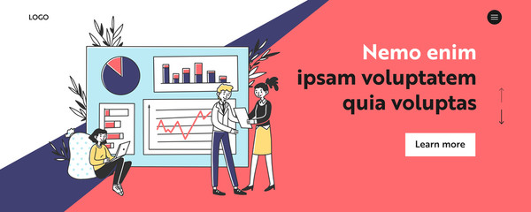 Team making and analyzing charts together. Managers presenting graphic reports flat vector illustration. Business, marketing, analysis concept for banner, website design or landing web page
