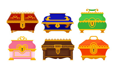 Different Treasure Chests and Trunks with Golden Keyhole Vector Set