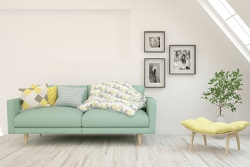 Stylish room in white color with sofa. Scandinavian interior design. 3D illustration