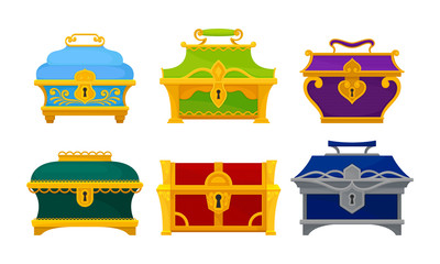 Different Treasure Chests and Trunks with Golden Keyhole Vector Set