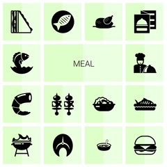 14 meal filled icons set isolated on white background. Icons set with Seafood, shrimp, starters, chefs dish, sandwich, Fish, chicken, restaurant menu, BBQ Grill, salmon icons.