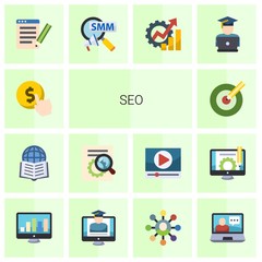 14 seo flat icons set isolated on white background. Icons set with Cost per click, Affiliate Marketing, SEO optimization, Target keywords, SEO copywriting, Social Marketing icons.