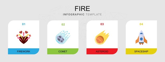4 fire flat icons set isolated on infographic template. Icons set with firework, comet, asteroid, spaceship icons.