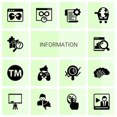 14 information filled icons set isolated on white background. Icons set with quest, Trademark, In-game Advertising, Web analytics, Information Architecture, Bandwidth, Self-learning icons.