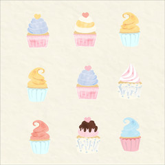 sweet nine cupcakes watercolor style put on white.cute dessert elements for bakery lover and bakery shop.many flavour of cream on muffin.decotare with chocolate heart sugar look so yummy.