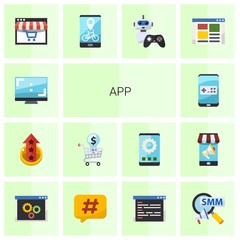 14 app flat icons set isolated on white background. Icons set with Aspect Ratio, level up, Online Training, Mobile game, Distance Learning, Bike rental app, NPC, front end icons.