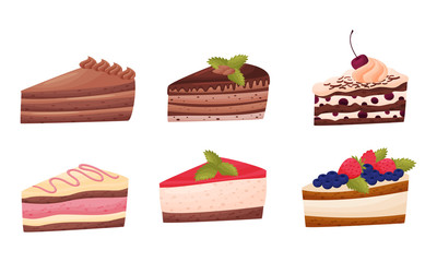 Sweet Cakes with Whipped Cream and Berries on Top Vector Set